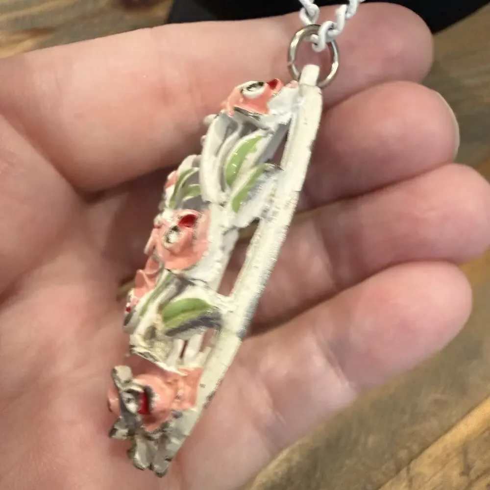 Vintage White Enamel Flower Rose Pendant Necklace 24” Length READ